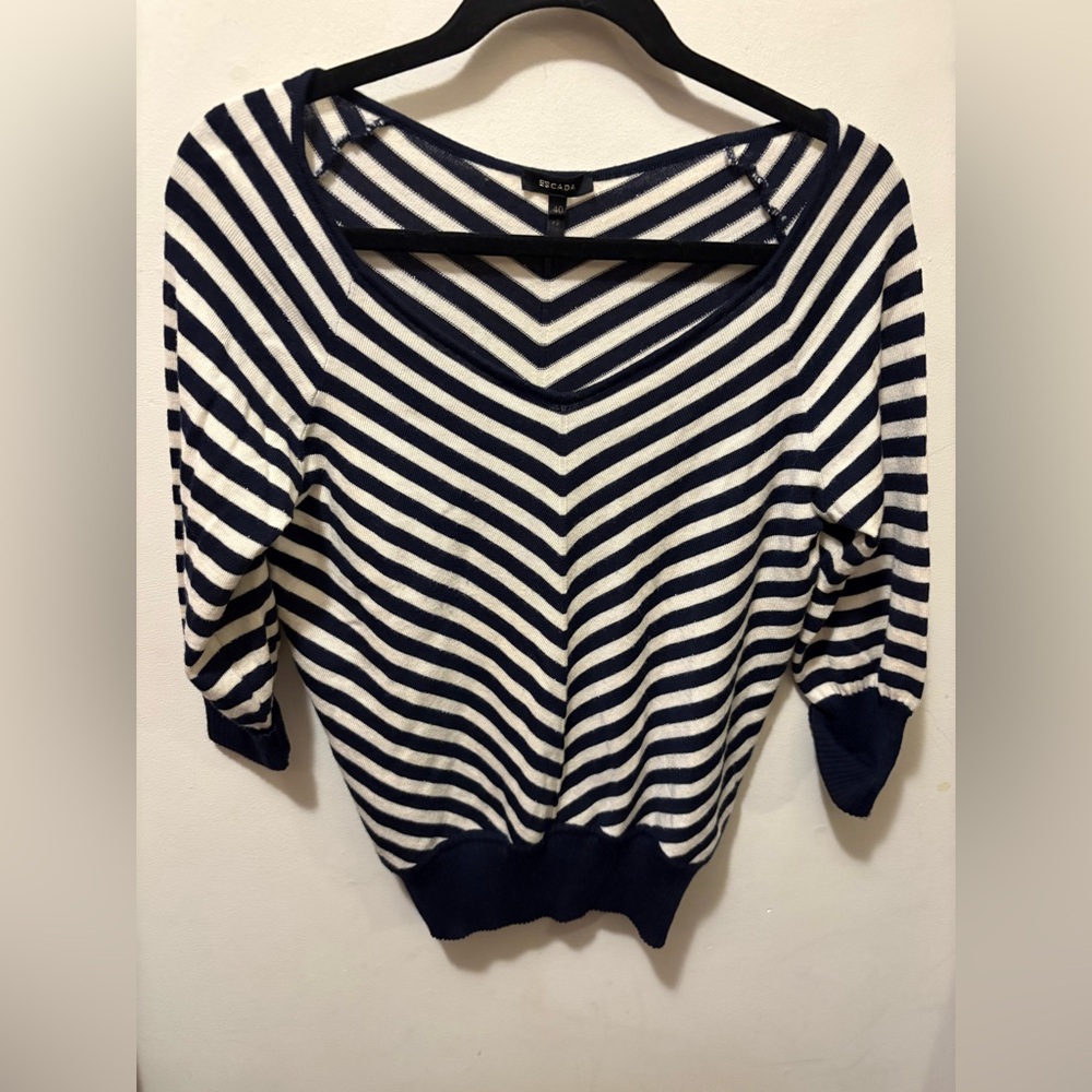 Escada navy / cream wool striped sweater EU‎ 40 US 8-10 lightweight